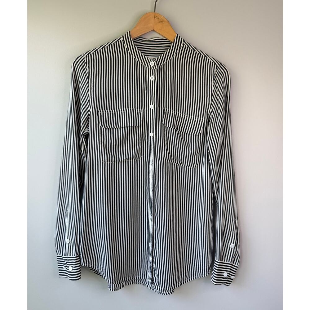 Equipment Femme Size XS Silk Collarless Striped Blouse Black White Pockets